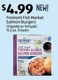 Aldi Fremont Fish Market Salmon Burgers Chipotle or Teriyaki 11.2 oz. Frozen offer