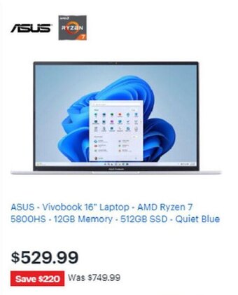 Best Buy ASUS - Vivobook 16" Laptop - AMD Ryzen 7 5800HS-12GB Memory - 512GB SSD - Quiet Blue offer