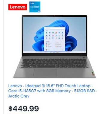 Best Buy Lenovo Ideapad 3i 15.6" FHD Touch Laptop - Core i5-1135G7 with 8GB Memory - 512GB SSD-Arctic Grey offer
