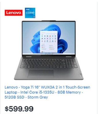 Best Buy Lenovo - Yoga 7i 16" WUXGA 2 in 1 Touch-Screen Laptop - Intel Core i5-1335U- 8GB Memory - 512GB SSD - Storm Grey offer