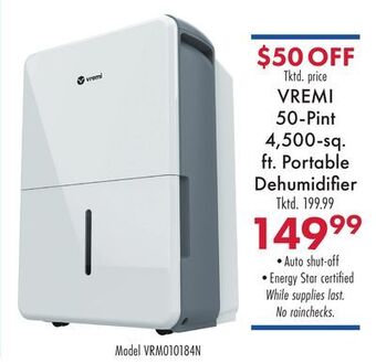 Boscov's Vremi 50-pint 4,500-sq. ft. portable dehumidifier offer