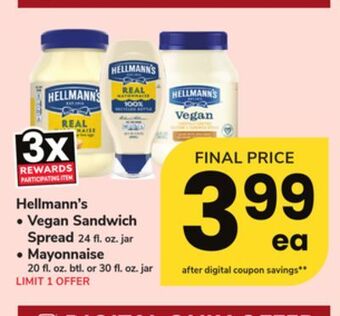 ACME Hellmann's vegan sandwich spread 24 fl. oz. jar, mayonnaise 20 fl. oz. btl. or 30 fl. oz. jar offer
