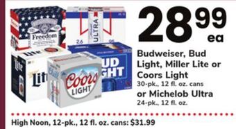 ACME Budweiser, bud light, miller lite or coors light 30-pk., 12 fl. oz. cans or michelob ultra 24-pk., 12 fl. oz. offer
