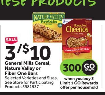 Stop&Shop General mills cereal, nature valley or fiber one bars offer
