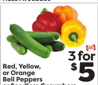 Weis Markets Red, yellow, or orange bell peppers or seedless cucumbers offer