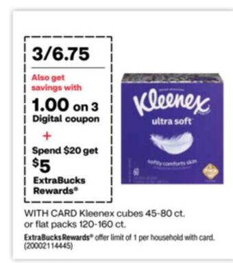 CVS Kleenex cubes 45-80 ct. or flat packs 120-160 ct. offer