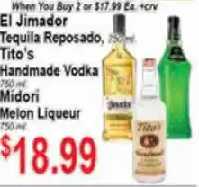 El Jimador Tequila Reposado, Tito's Handmade Vodka, Midori Melon Liqueur 750ml