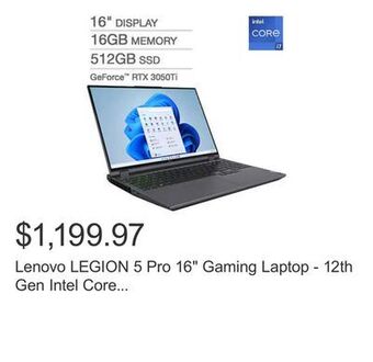 Costco Lenovo legion 5 pro 16 gaming laptop - 12th gen intel core i7-12700h - geforce rtx 3050ti - 165hz 2560 x 1600 display - windo offer