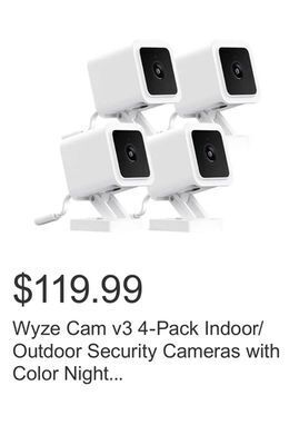 Costco Wyze cam v3 4-pack indoor/outdoor security cameras with color night vision offer