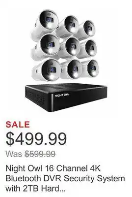 Costco Night owl 16 channel 4k bluetooth dvr security system with 2tb hard drive and 9 wired 4k indoor / outdoor spotlight deterrenc offer
