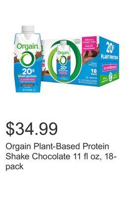 Costco Orgain plant-based protein shake chocolate 11 fl oz, 18-pack offer
