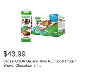 Costco Orgain usda organic kids nutritional protein shake, chocolate, 8 fl oz, 24-pack offer