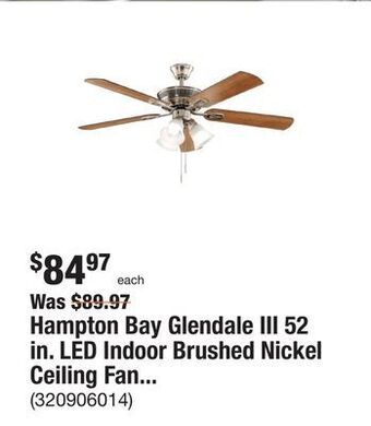 The Home Depot Hampton bay glendale iii 52 in. led indoor brushed nickel ceiling fan with light and pull chains offer