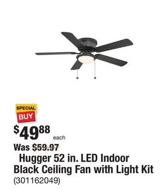 The Home Depot Hugger 52 in. led indoor black ceiling fan with light kit offer