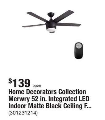 The Home Depot Home decorators collection merwry 52 in. integrated led indoor matte black ceiling fan with light kit and remote control offer