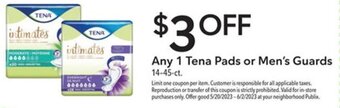 Publix Any 1 Tena Pads or Men's Guards 14-45-ct. offer