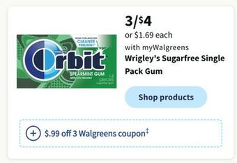 Walgreens Wrigley's sugarfree single pack gum offer