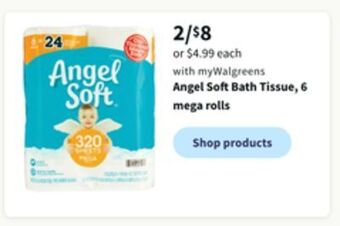 Walgreens Angel soft bath tissue, 6 mega rolls offer