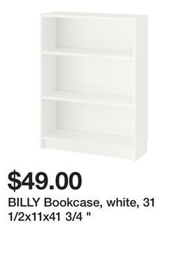 Ikea Billy bookcase, white, 31 1/2x11x41 3/4 offer