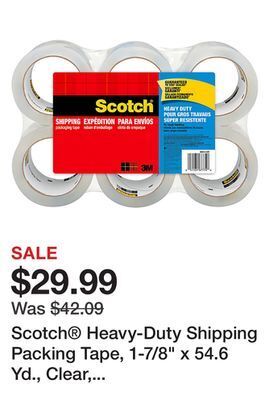 Office Depot Scotch® heavy-duty shipping packing tape, 1-7/8 x 54.6 yd., clear, pack of 6 rolls offer