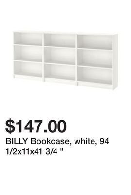 Ikea Billy bookcase, white, 94 1/2x11x41 3/4 offer