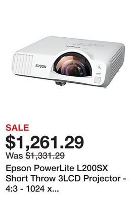 Office Depot Epson powerlite l200sx short throw 3lcd projector - 4:3 - 1024 x 768 - front, rear - 20000 hour normal modexga - 2,500,000:1 offer