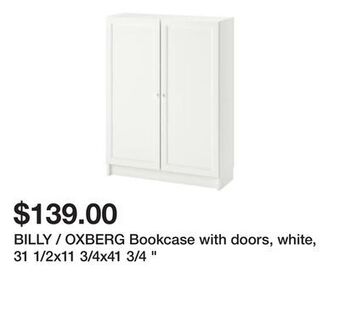 Ikea Billy / oxberg bookcase with doors, white, 31 1/2x11 3/4x41 3/4 offer