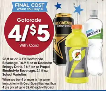 Kroger Gatorade 28 fl oz or G Fit Electrolyte Beverage, 16.9 fl oz or Rockstar Energy Drink, 16 fl oz offer
