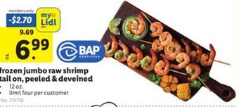 Lidl Frozen jumbo raw shrimp tail on, peeled & deveined offer