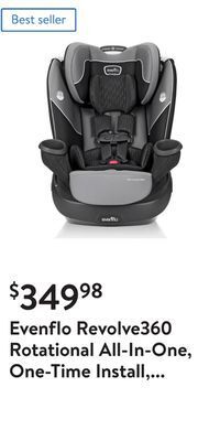 Walmart Evenflo revolve360 rotational all-in-one, one-time install, 360-degree rotating infant, forward-facing, booster modes 10-year offer
