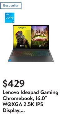 Walmart Lenovo ideapad gaming chromebook, 16.0 wqxga 2.5k ips display, intel core i3-1215u, 8gb ram, 128gb emmc, chrome os, storm gre offer