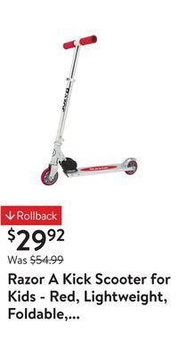 Walmart Razor a kick scooter for kids - red, lightweight, foldable, aluminum frame, and adjustable handlebars offer
