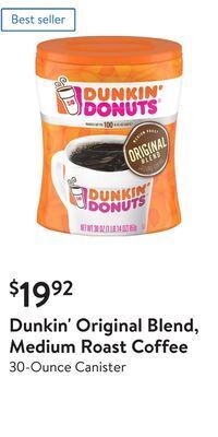 Walmart Dunkin' original blend, medium roast coffee offer