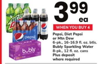 ACME Pepsi, diet pepsi or mtn dew 6-pk., 16-16.9 fl. oz. btls. bubly sparkling water 8-pk., 12 fl. oz. cans offer