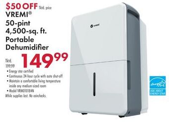 Boscov's Vremi® 50-pint 4, 500-sq. ft. portable dehumidifi offer