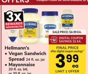 ACME Hellmann's vegan sandwich spread 24 fl. oz. jar, mayonnaise 20 fl. oz. btl. or 30 fl. oz. jar offer