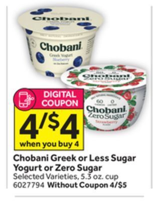Stop&Shop Chobani greek or less sugar yogurt or zero sugar offer