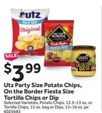 Stop&Shop Utz party size potato chips, on the border fiesta size tortilla chips or dip offer