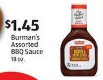 Aldi Burman's Assorted BBQ Sauce 18 oz. offer