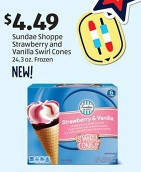 Aldi Sundae Shoppe Strawberry and Vanilla Swirl Cones 24.3 oz. Frozen offer