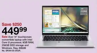 Target Acer 14" touchscreen convertible laptop with Intel Core i3 processor, 8GB RAM, 256GB SSD storage and Windows offer