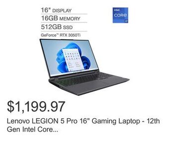 Costco Lenovo legion 5 pro 16 gaming laptop - 12th gen intel core i7-12700h - geforce rtx 3050ti - 165hz 2560 x 1600 display - windo offer