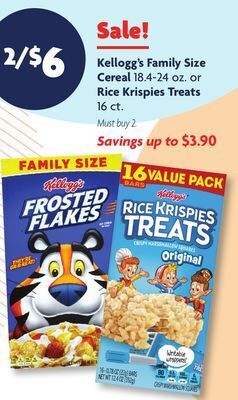 Family Dollar Kellogg's family size cereal 18.4-24 oz. or rice krispies treats 16 ct. offer