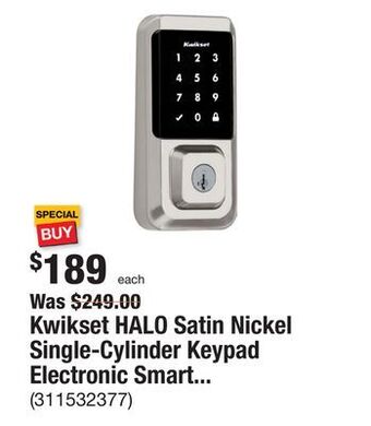 The Home Depot Kwikset halo satin nickel single-cylinder keypad electronic smart lock deadbolt featuring smartkey, touchscreen and wifi offer