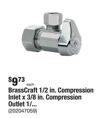 The Home Depot Brasscraft 1/2 in. compression inlet x 3/8 in. compression outlet 1/4-turn angle valve offer