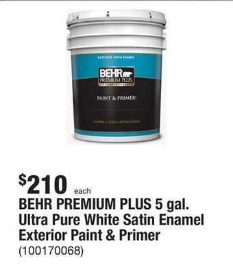 The Home Depot Behr premium plus 5 gal. ultra pure white satin enamel exterior paint & primer offer