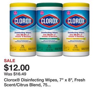 Office Depot Clorox® disinfecting wipes, 7 x 8, fresh scent/citrus blend, 75 wipes per canister, pack of 3 canisters offer