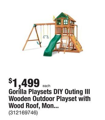 The Home Depot Gorilla playsets diy outing iii wooden outdoor playset with wood roof, monkey bars, slide, swings, and backyard swing set acc offer