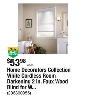 The Home Depot Home decorators collection white cordless room darkening 2 in. faux wood blind for window - 36 in. w x 64 in. l offer