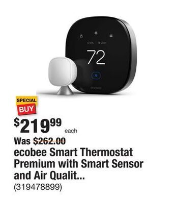 The Home Depot Ecobee smart thermostat premium with smart sensor and air quality monitor wifi works with siri, alexa, google assistant offer